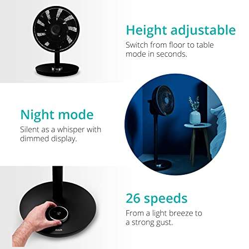 Duux Whisper Flex Smart standing fan in Black with vertical and horizontal articulation
