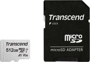 512GB - Transcend microSDXC 300S Class 10 Memory Card + SD Adapter -A1 V30 U3, Up to 100/85MB/s R/W W/code - Sold by Ebuyer