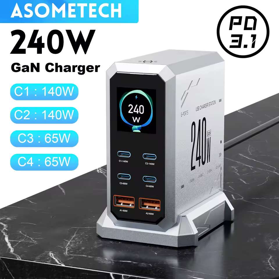 Asometech 240W GaN Charger PD3.1 6 Ports USB-C 140W at AliExpress