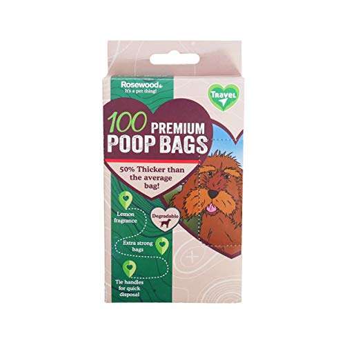 Rosewood 100 premium, degradable, extra thick and strong dog poo bags with easy tie handles, Black - One Size