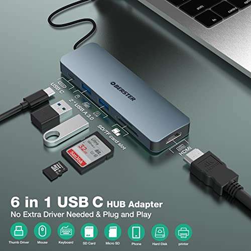 USB C Hub, 6 in 1 Multiport USB C Adapter with 4K HDMI Output, 100W PD, 2 USB 3.0, SD/TF Card Readers - £3.23 with voucher @ Amazon
