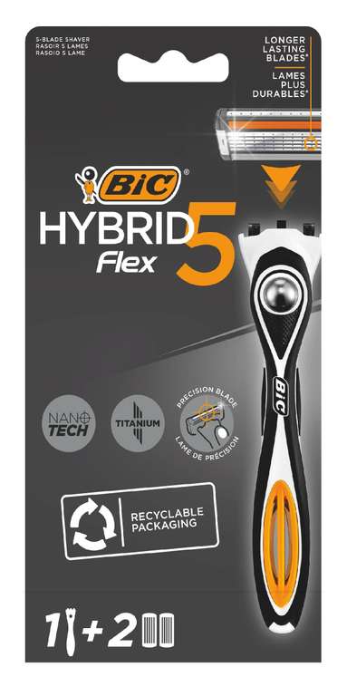 BIC Hybrid 5 Flex Refillable Men's Razor Kit, Handle and Nano-Tech Titanium 5-Blade Refills (Box of 1+2) - £3.82 S&S