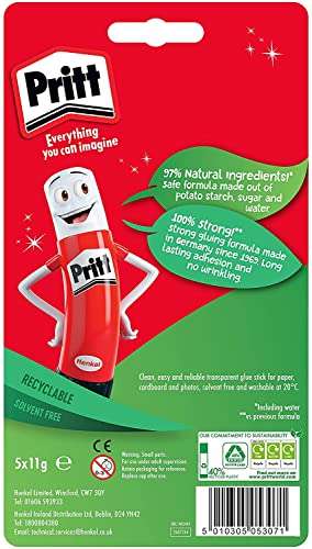 Pritt Glue Stick, Safe & Child-Friendly Craft Glue for Arts & Crafts Activities, Strong-Hold adhesive for School & Office Supplies, 5x11g