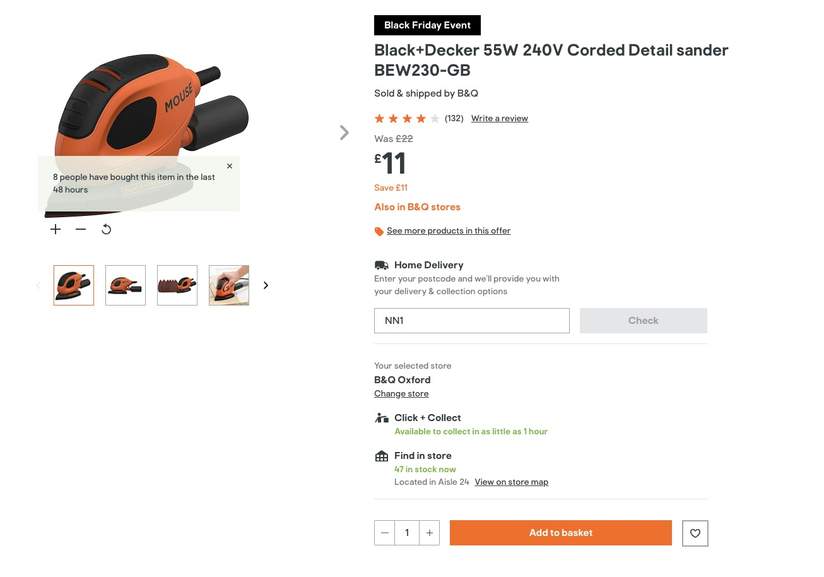 Black & Decker Detail Mouse Sander Corded 55W Quick Change BEW230  5035048704127