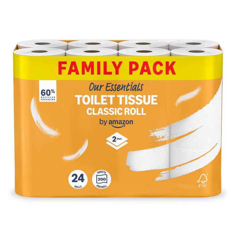 Our Essentials by Amazon Toilet Tissue Classic Roll, 2-ply, 24 Rolls (1 Pack of 24), 200 Sheets per Roll - (£4.19 S&S) Early Prime Deal