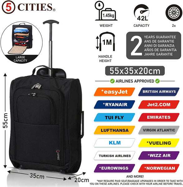 5 Cities Ryanair Luggage Bundle 55x35x20cm Cabin Trolley And 40x20x25cm Flight Bag 2 Years
