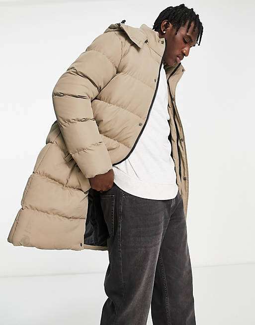 Mens, Brave Soul Longline Puffer Coat with Detachable Hood in Stone - £18.30 delivered with code @ ASOS