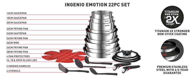 Tefal Ingenio Emotion L897SM74 22-Piece Pan Set - Stainless Steel - W/Code