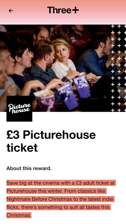 £3 cinema ticket (+70p booking fee) at Picturehouse through the Three+ App