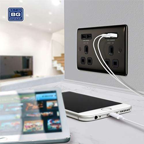 BG Electrical NBN24U44B-01 Fast Charging Double Unswitched Power Socket with Two USB £14.59 @ Amazon