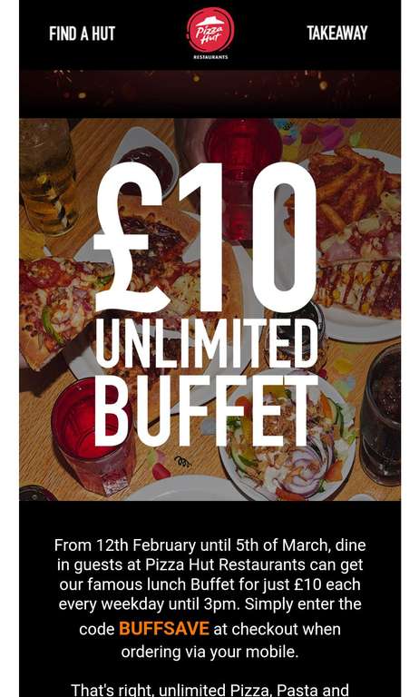 £10 Unlimited Pizza, Pasta and Salad Buffet W/Code Weekdays till 3pm