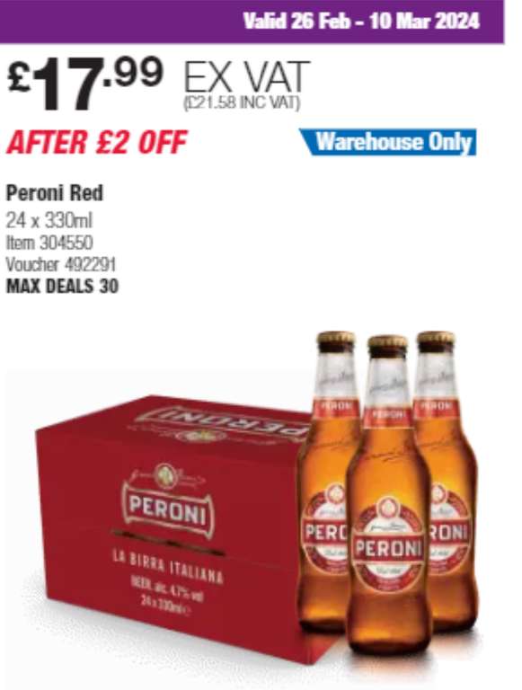 Peroni Red, 24 X 330ml beer lager