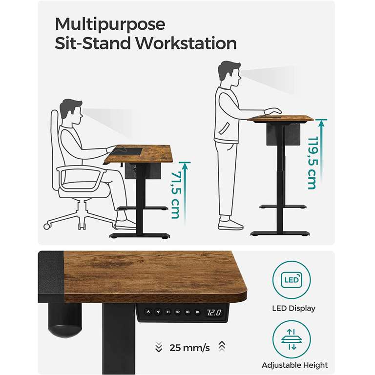 SONGMICS Electric Adjustable Standing Desk - Rustic Brown + Black, 60cm x 140cm x (72-120) cm - £110.50 with code - Delivered @ Songmics