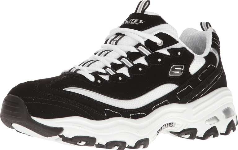 Skechers Women's D'lites Biggest Fan Sneaker Black Trubuck White Mesh Silver Trim - Size 9