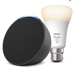 Echo Pop Addon Special Offer +: add a Philips Hue Smart Bulb for £5 or a Sleeve for £14.99.