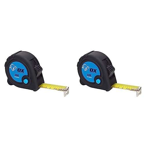 OX Trade 8m Tape Measure - Metric Only,Black/Blue (Pack of 2)