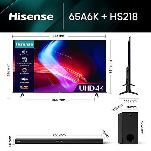 Hisense 4K UHD TV 65" A6K and HS218 with 200W Output, Dolby Audio bar 2023