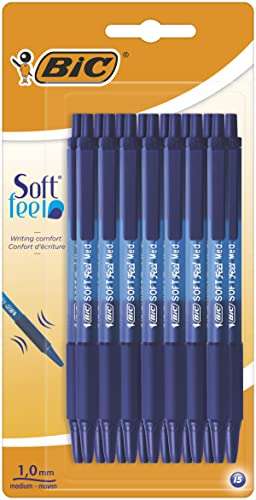 BIC Soft Feel Click Grip Ballpoint Pens, 1.0 mm Retractable Point, Soft-Touch Rubber Grip, Blue, pack of 15