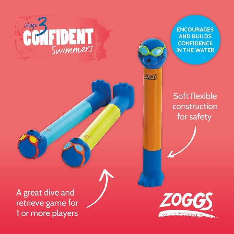 Zoggs Dive Sticks Pool Toys, Confidence Building Diving Sticks, Safe Swimming Pool Toy for Kids, Blue/Lime/Orange (Pack of 3)