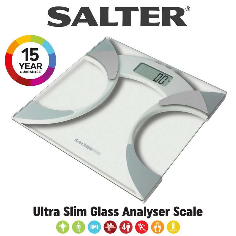 Ultra Slim Glass Analyser Bathroom Scales - Measures Weight, Body Fat, Body Water & BMI, White
