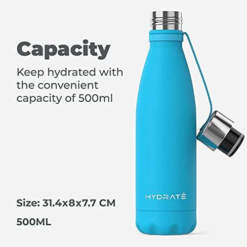 HYDRATE Super Insulated Stainless Steel Water Bottle - 500ml £6.49 With Voucher, Dispatched By Amazon, Sold By Hydrate Bottles Shop