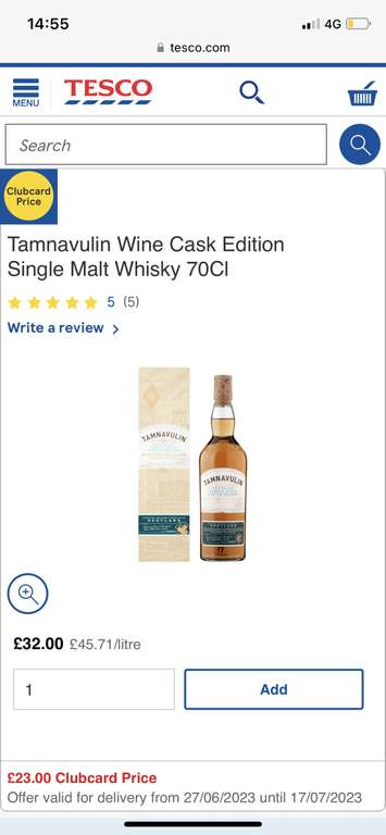 Tamnavulin Wine Cask Edition Single Malt Whisky 70Cl 40% ABV £9.92 @ Tesco Superstore, Catford Centre