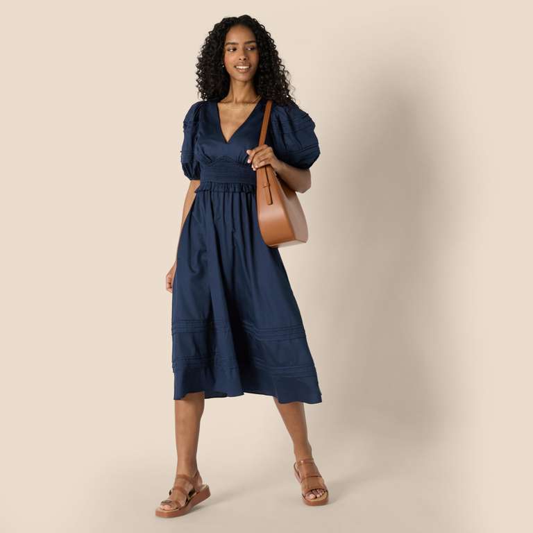 midi a line dress with sleeves Women's River Black Small Effortlessly elegant from day Color:BLACK / WHITE POLKA DOT all clothing For Love & Lemons