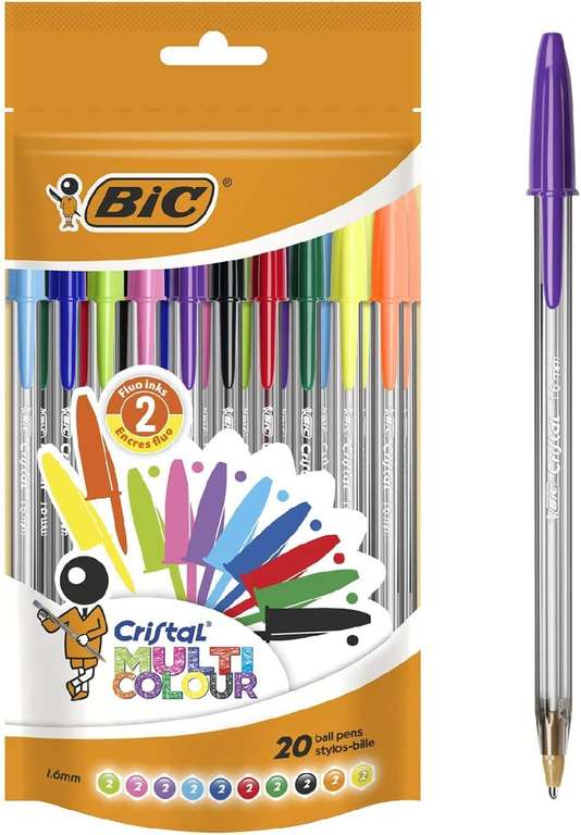 BIC Cristal Multi Colour Ballpoint Pens, Assorted Colors Every-day Biro Pens with Wide Point (1.6 mm), Pack of 20