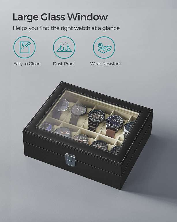 SONGMICS Watch Box - Glass Lid, Removable Watch Pillows, Metal Clasp - with 10 Slots - £11.32 / 12 Slots - £13.49 | Songmics FBA