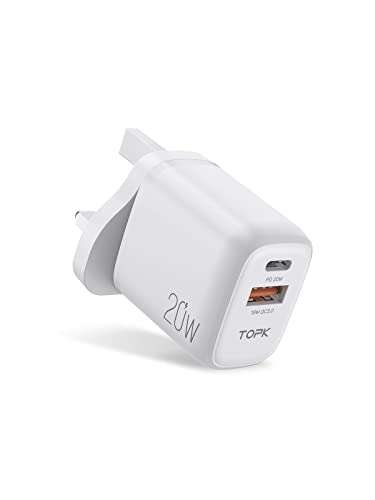 TOPK USB C Plug, 20W USB C Charger Plug, Type C Fast Charge Wall Plug 2 Ports PD & QC 3.0 With Voucher (FBA TOPKDrect)