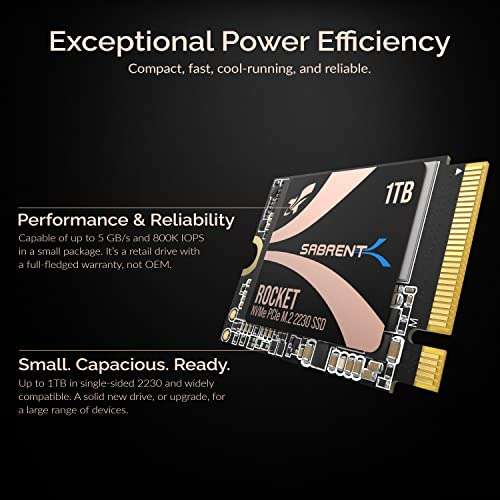 Sabrent 2230 M.2 NVMe Gen 4 1TB, Internal SSD 4750 MB/s Read £127.99 delivered, using code (Prime exclusive) @ Amazon / Store4Memory