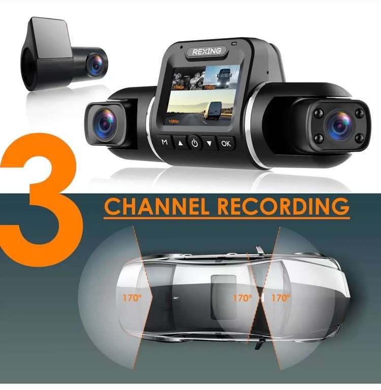 Rexing V2 Pro AI Dash Cam with 3 Channel Recording Front/Cabin/Rear