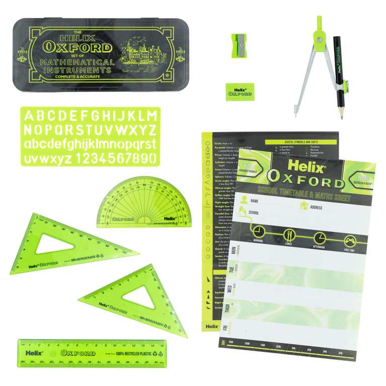 Oxford Helix Maths Set Green & Black Marble Edition 9 Piece Geometry Set with Ruler, Compass, Protractor, Pencil & Eraser