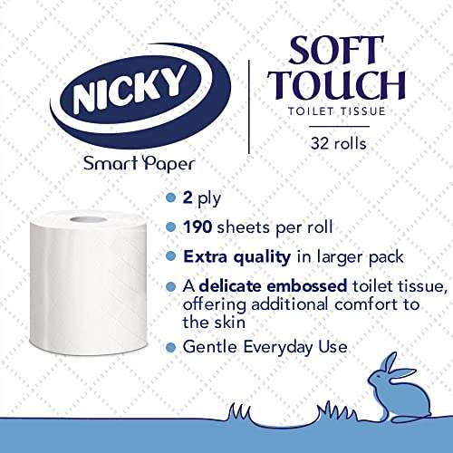Nicky Soft Touch Toilet Tissue 2 Ply |Extra Value Pack – 32 Rolls £9.25 @ Amazon