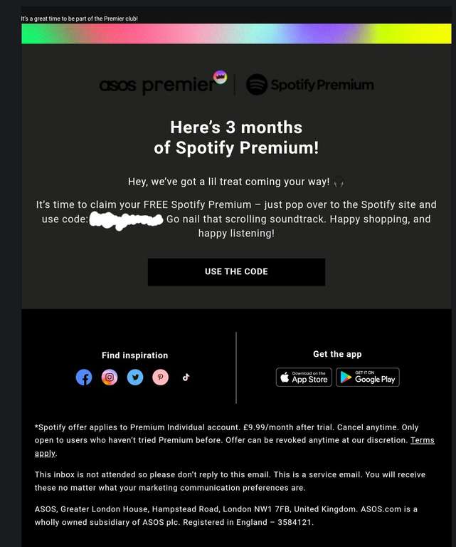3 months free Spotify Premium via email select accounts (new customers) for ASOS Premier members (Or £11.95 for new members)