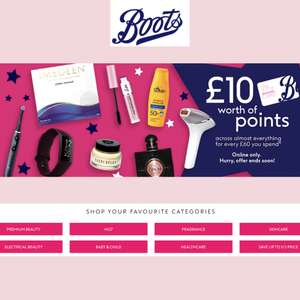 £10 of Points for every £60 spend on almost everything (Online Only) + Free Delivery - @ Boots