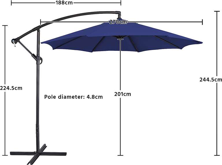 Yaheetech Cantilever Parasol Umbrella 3m/2.7m Outdoor Sun Shade Banana Hanging Umbrella, Blue - Sold & Fulfilled by Yaheetech UK - w/voucher