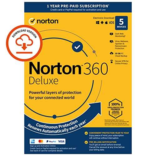 Norton 360 Deluxe Antivirus+VPN etc. 5 devices for 1yr - £10.99 @ Amazon