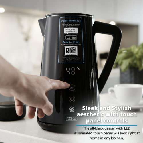 Swan Alexa Smart Kettle, Amazon Exclusive, LED Touch Display, Keep Warm Function, Stainless Steel Insulated Wall, 1800W, Black