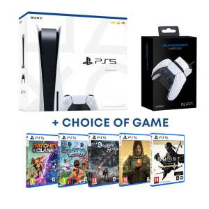 PlayStation 5 Console + Charging Dock + Select PS5 Game (Ratchet and Clank Rift Apart, Sackboy, Demon's Souls, Ghost of Tsushima, etc)