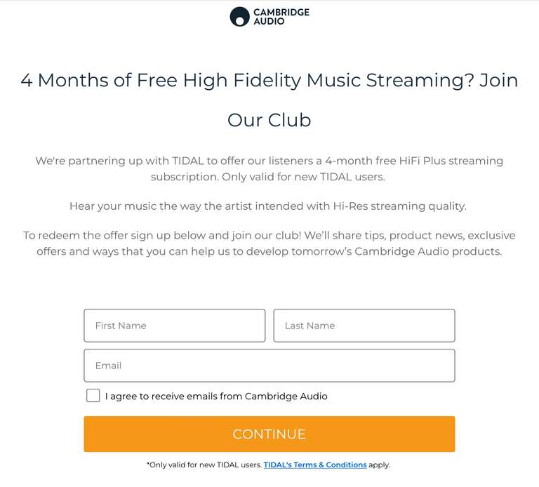 Tidal - 4 months free trial Hifi Plus with newsletter signup (new accounts only) @ Cambridge Audio