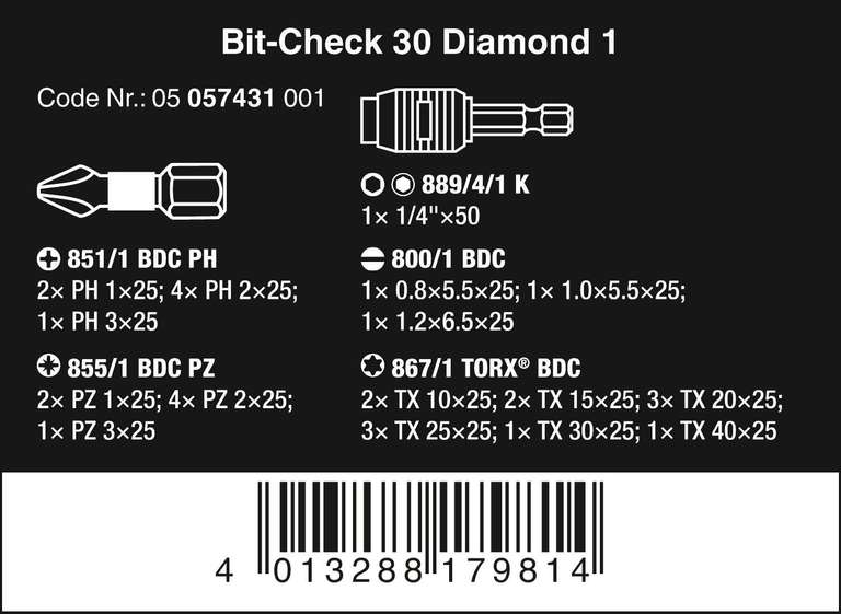 Wera Bit-Check 30 Diamond 1 Anti Cam-out BiTorsion Long Life bit set for drill/drivers PZ,PH,TX,SL 30 piece £35.47 @ Amazon Germany