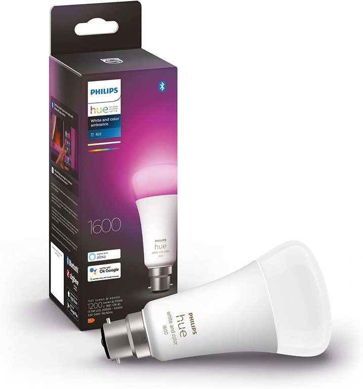 Philips Hue White & Colour Ambiance Single Smart Bulb LED [B22 Bayonet Cap] - 1600 Lumens (100W equivalent)