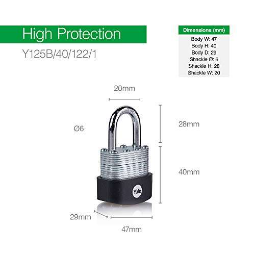 Yale Y125B/60/133/1 3 Keys - Outdoor Hardened Steel Shackle Lock for Shed High Security Laminated Steel Padlock 60 mm Chain Gate