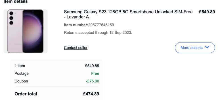 Samsung Galaxy S23 128GB 5G Smartphone Unlocked SIM-Free 'Opened – never used' - £474.89 delivered with code @ cheapest_electrical / eBay