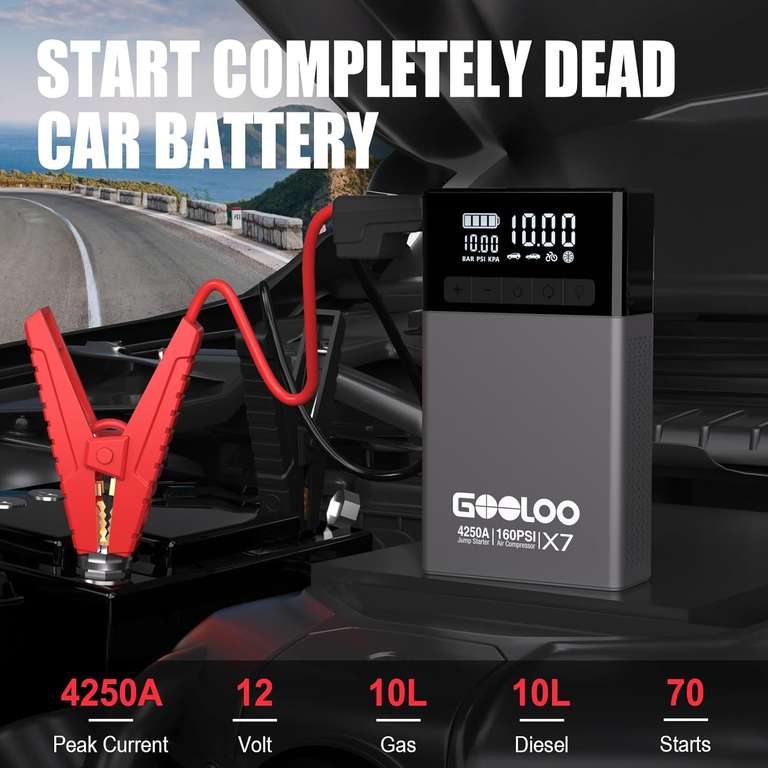 GOOLOO X7 Jump Starter with Air Compressor, 4250A Portable Car Starter with 160PSI Digital Tire Inflator - w/Voucher, Sold By Landmark