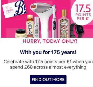 Boots Receive 17.5 Advantage Card points for Every £1 spent when you spend £60 Online (Today Only)