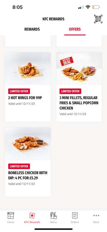 3 Mini Fillet, Fries & Popcorn Chicken for £3.99, 2 Hot Wings 99p, 4pc Boneless Chicken for £5.29