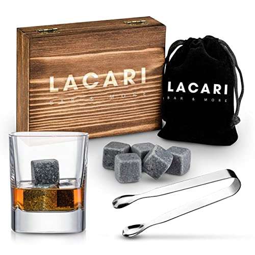 Lacari 9 x Whisky Stones – Reusable Soapstone Ice Cubes with Wooden Box as Well as Stainless Steel Tongs and E-Book Set