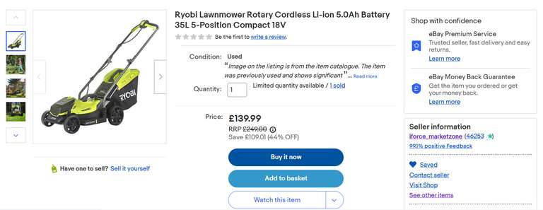 USED Ryobi Lawnmower Rotary Cordless Li-ion 5.0Ah Battery 35L - £111.99 (With Code) @ eBay / iforce_marketzone